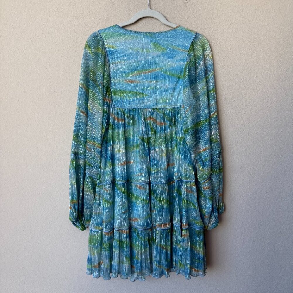 NWT J.Marie Blue Green Metallic Abstract Tiered Mini Dress Size S - Picture 3 of 5